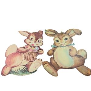 2 X Vintage Cardboard Wall Hanging Bunny Rabbits Made in USA - Japanese Inspired
